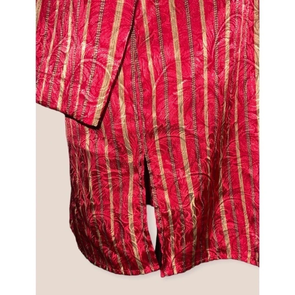 Victoria Secret Red & Gold Striped Satin Long Sleeve Button Down Sleep Shirt Med